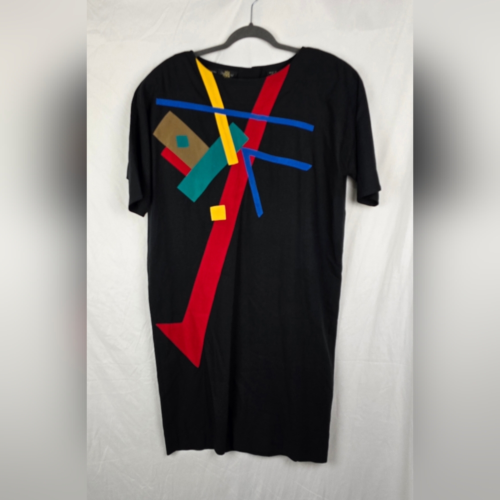 Vintage Oleg Cassini Retro 80s 100% Silk Designer Geometric Shift Dress sz 14